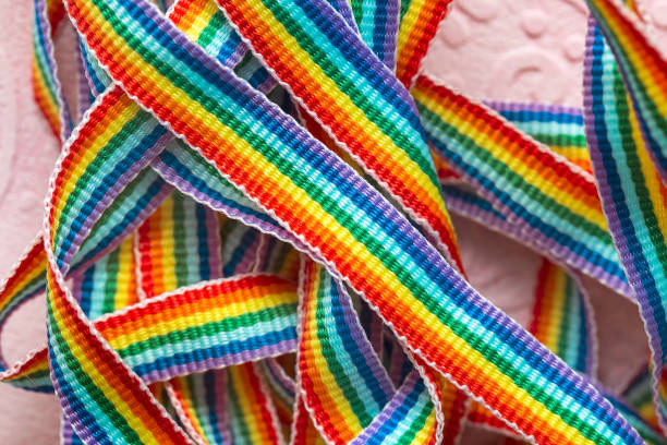 istock Rainbow symbol, colorful ribbons close up, rainbow design macro 1195509725