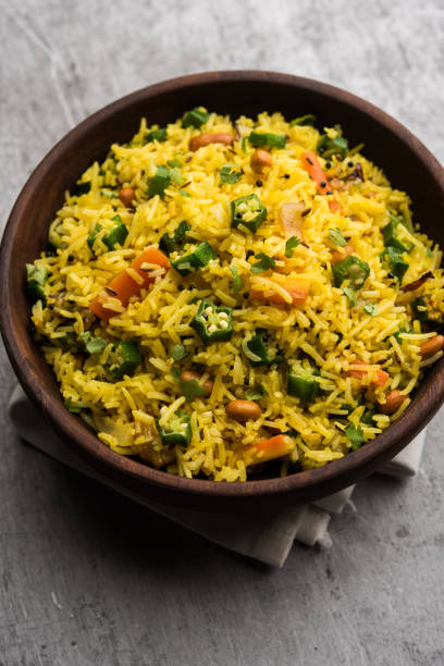 istock Okra or Bhindi rice also known as Vendakkai Sadam, served in a bowl, selective focus 1195512009