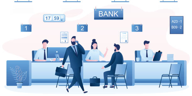Modern bank office interior. Bank managers and customers characters. People clients in bank office room. Modern bank office interior. Bank managers and customers characters. People clients in bank office room. Bank employees or staff on workplace. Trendy style vector illustration exchange teller stock illustrations