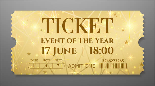 Golden ticket (tear-off coupon) with star magical background Useful for any festival, party, cinema, event, entertainment magic show. VIP card ticket stock illustrations