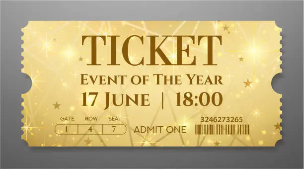 Vector illustration of Golden ticket (tear-off coupon) with star magical background