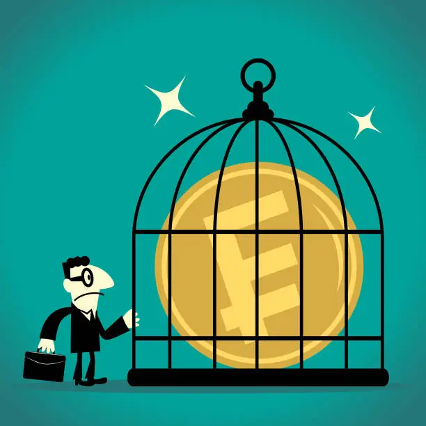Vector illustration of Businessman looking at a franc sign french currency in a cage (birdcage)