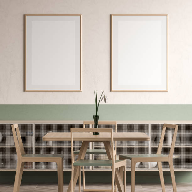 istock Mock up poster frame in dining room. Minimalist dining room design. 3D illustration 1195515255