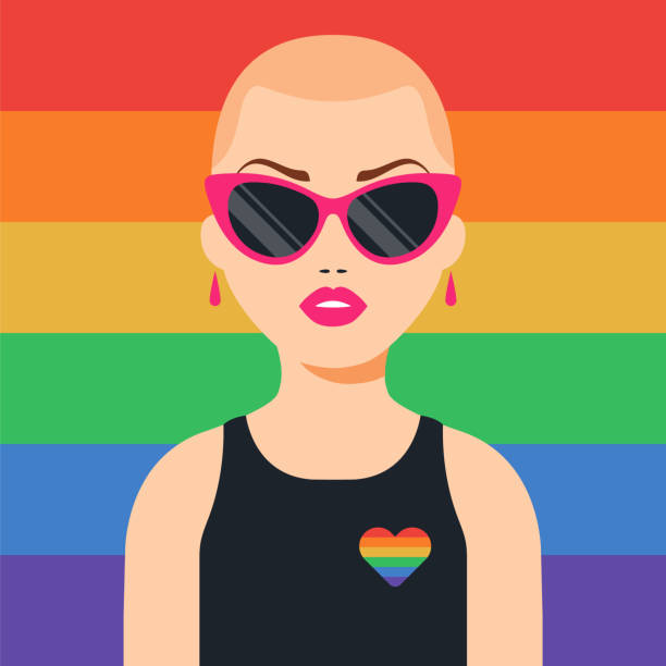 illustrazioni stock, clip art, cartoni animati e icone di tendenza di ragazza lesbica calva sullo sfondo della bandiera lgbt. donna forte - homosexual human lips lesbian rainbow
