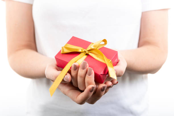 istock Woman's hands hold christmas or new year decorated gift box 1195522235
