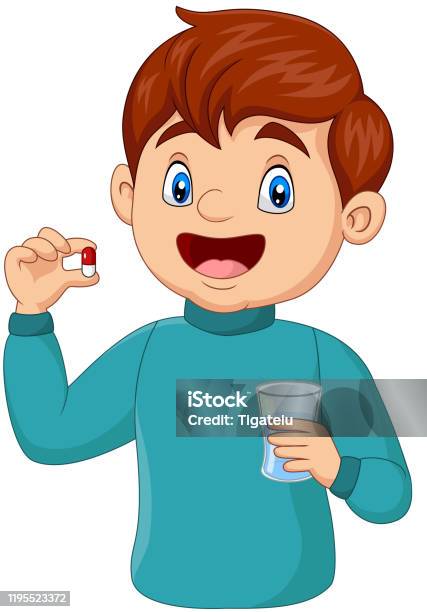 Cartoon Boy Holding A Pill And A Glass Of Water Stock Illustration -  Download Image Now - Child, Taking Medicine, Antibiotic - iStock