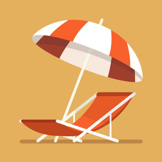 휴가 및 여행 개념. 비치 우산, 비치 체어. 벡터 그림입니다. - outdoor chair beach chair umbrella stock illustrations