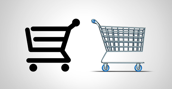 Offline shopping or online commerce shopper choice choosing between two shopping cart options as buying on the internet or making purchases from brick and mortar stores with 3D illustration elements.