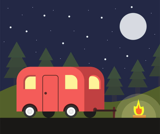 przyczepa kempingowa i scena kempingowa. nocny krajobraz na świeżym powietrzu. ilustracja wektorowa. - tear drop camper stock illustrations