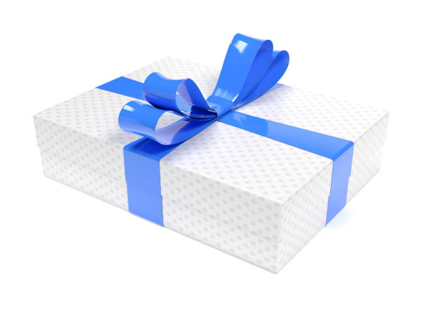 istock Christmas box. White gift box decorated with shiny blue ribbon 1195529572
