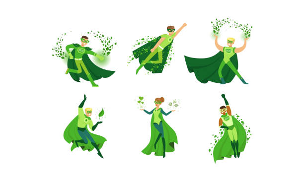 junge menschen in grünen eco superhelden kostüme vektor illustrationen set - recycling green environment superhero stock-grafiken, -clipart, -cartoons und -symbole