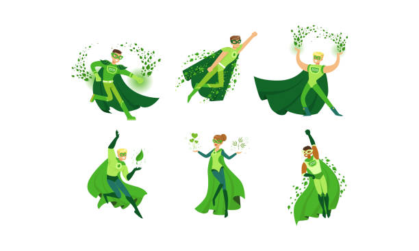 молодые люди в зеленых эко супергероев костюмы вектор иллюстрации установить - recycling green environment superhero stock illustrations