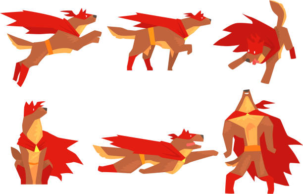 ilustrações de stock, clip art, desenhos animados e ícones de dog superhero character wearing red cloak and guarding people vector set - heroes dog pets animal