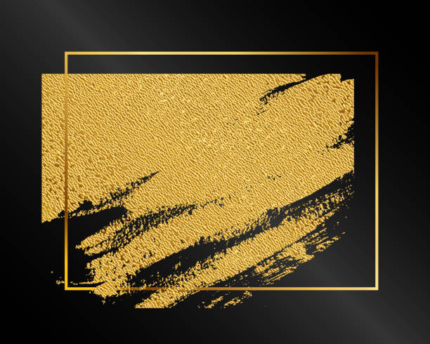 幾何学的な黄金のフレームと抽象的な手描きのテクスチャブラシの背景。 プレゼンテーション、チラシ、チラシ、はがきやポスターのための黒い背景にゴールデングリッターダストブラシス - backgrounds textured inks on paper black点のイラスト素材／クリップアート素材／マンガ素材／アイコン素材