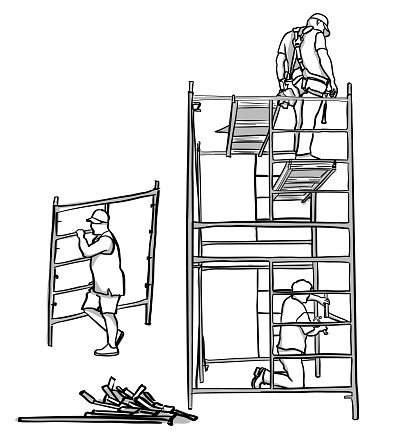 Three male construction workers putting together scaffolding.