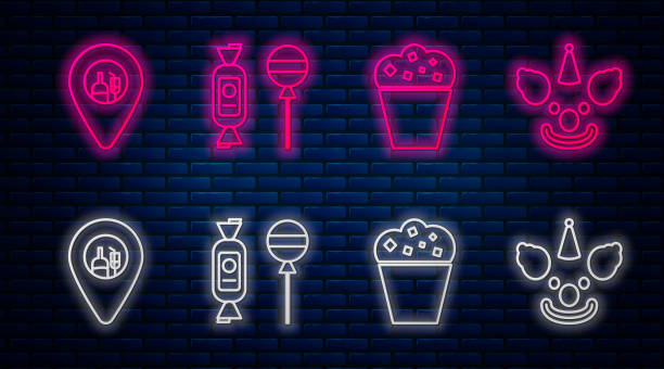 istock Set line Lollipop , Popcorn in cardboard box , Alcohol or beer bar location  and Clown head . Glowing neon icon on brick wall. Vector 1195538546