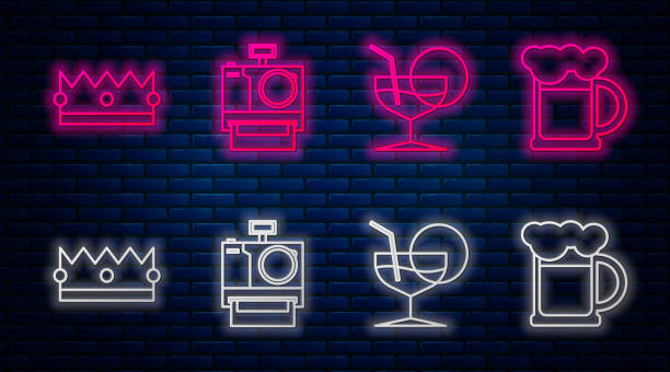 Set line Photo camera , Martini glass , Crown  and Wooden beer mug . Glowing neon icon on brick wall. Vector Set line Photo camera , Martini glass , Crown  and Wooden beer mug . Glowing neon icon on brick wall. Vector bar drink establishment illustrations stock illustrations