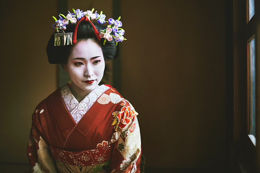Close-up of young serene Japanese maiko kneeling in natural window light while wearing traditional kimono, oshiroi-style makeup, and floral hair ornaments.