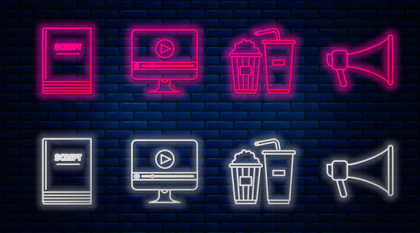 istock Set line Online play video , Popcorn and soda drink glass, Scenario  and Megaphone . Glowing neon icon on brick wall. Vector 1195539674