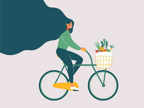 Young smiling girl with long hair riding bicycle with fresh vegetables in front basket. Concept of Green lifestyle, Zero waste, vegetarianism, environment preservation. Flat vector illustration.