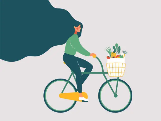 Vector illustration of Young smiling girl with long hair riding bicycle with fresh vegetables in front basket.