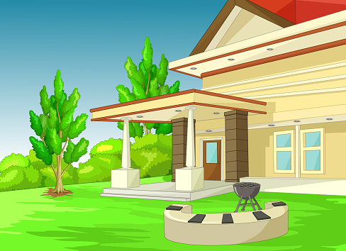 Cool House With Grass Field Yard Cartoon Stock Illustration - Download  Image Now - Agricultural Field, Backgrounds, Blue - iStock
