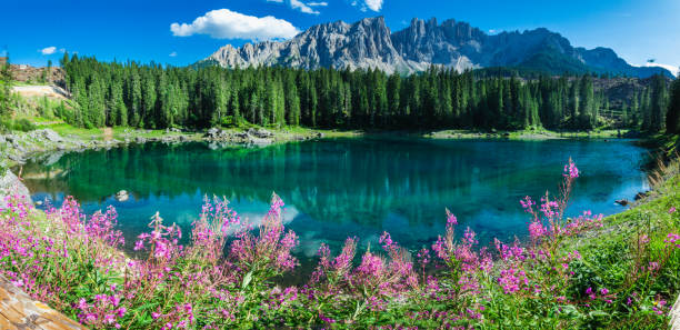 splendida vista panoramica sul lago di carezza con il monte latemar, regione trentino-alto adige, bolzano, italia. - latemar mountain range foto e immagini stock