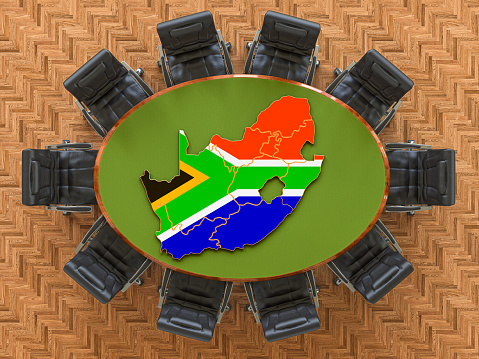 South African goverment meeting. Map of South Africa on the round table, 3D rendering