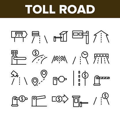 Toll Road Highway Collection Icons Set Vector Thin Line. Toll Expressway With Barrier Gate, Electronic Board And Video Camera Concept Linear Pictograms. Monochrome Contour Illustrations