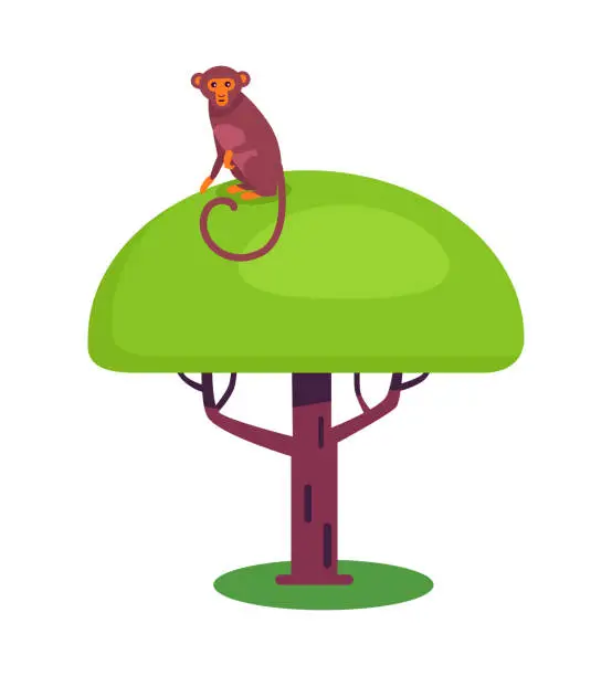 Vector illustration of Funny Monkey with Long Tail Sits on Big Leafy Tree