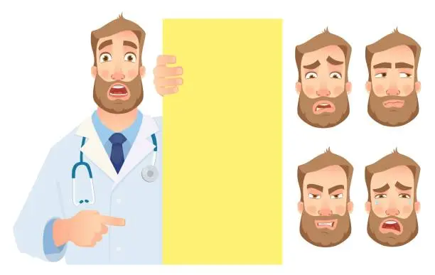 Vector illustration of Doctor holding blank signboard - set. Doctor vector illustration.