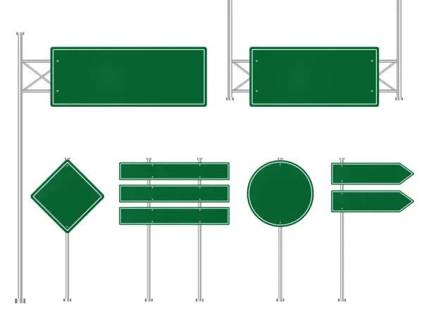 Vector illustration of Set of green road traffic signs. Direction plate for street. Blank signboard, signage forhighway, information panel. Template road sign, signpost of location. Mockup signboard. Design vector