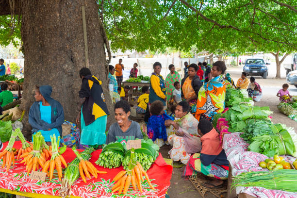 Women sell vegetables at the local market, Tanna Island, Vanuatu. stock photo