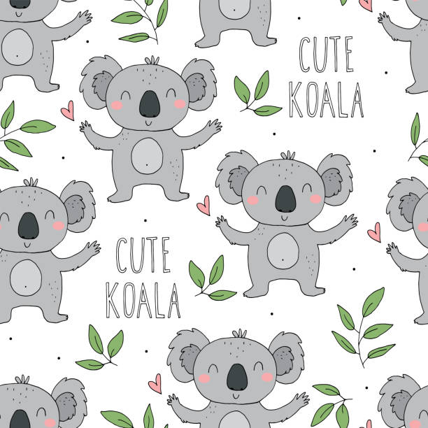 ilustraciones, imágenes clip art, dibujos animados e iconos de stock de patrón sin costuras. carácter lindo - animal dormido bebé koala oso. impresión vectorial para baby shower. - stuffed animal toy koala australia