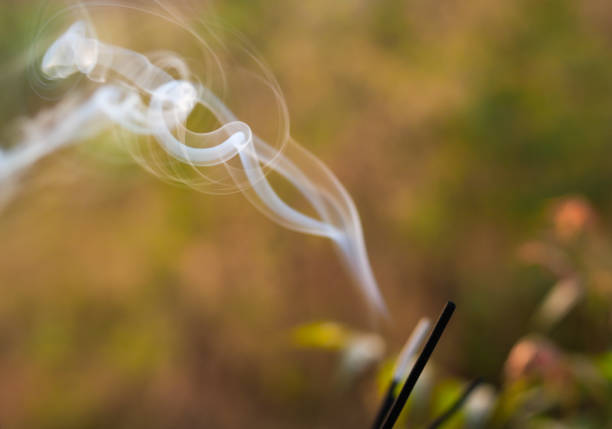 blurred smokes of incense in bokeh photography stock photo