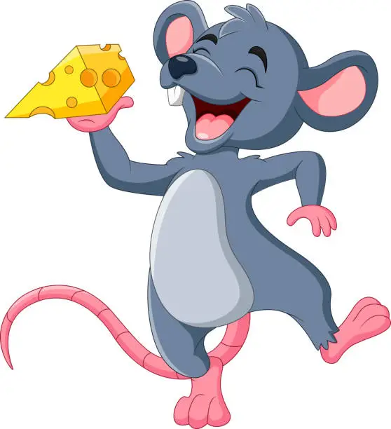 Vector illustration of Cartoon mouse holding slice of cheese