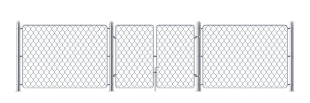 istock Metal enclosure with wire or police fence, chain link obstacle for prison or iron background with wicket or gate, chained cage or keep, fighting border or criminal obstacle, steel wall. Chainlink 1195552199
