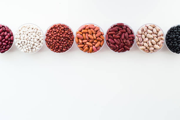 istock Different seed beans in round plates are arranged in a row. 1195553527