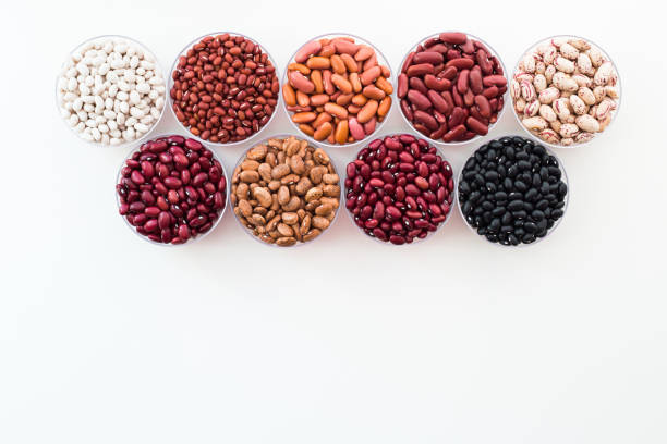 istock Different seed beans in round plates are arranged in a row. 1195553528
