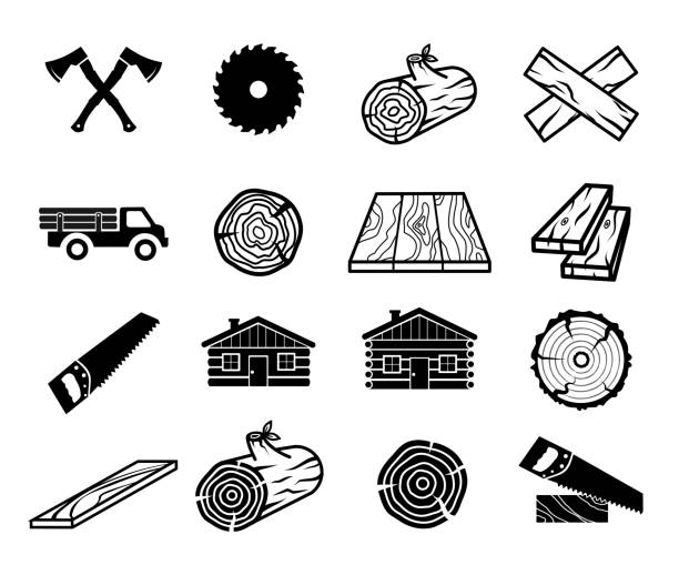 Wood and carpentry icon set vector collection Wood and carpentry icon set vector collection art chainsaw lumberjack lumber industry manual worker stock illustrations