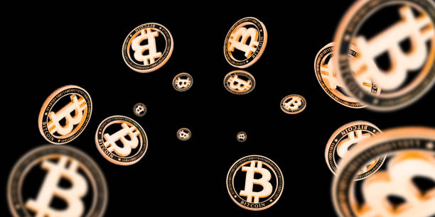 istock Bitcoin wallet. Gold Falling Cryptomoney isolated on dark. Litecoin, Ethereum Cryptocurrency background. 1195557835