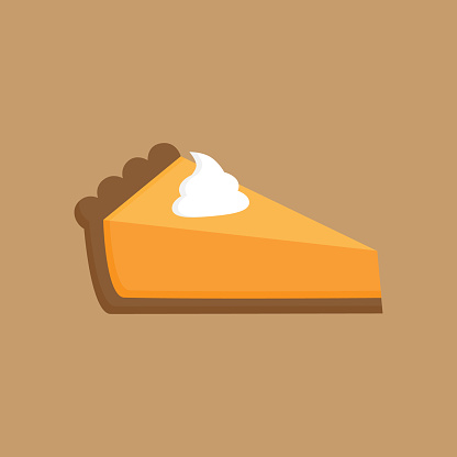 Pumpkin pie vector illustration. One slice of thanksgiving pie with crust, cream filling and whipped cream on top. Graphic icon or print, isolated on light brown background.