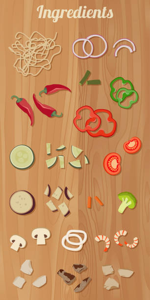 ilustrações de stock, clip art, desenhos animados e ícones de ingredients for cooking pasta - cutting board cooking wood backgrounds