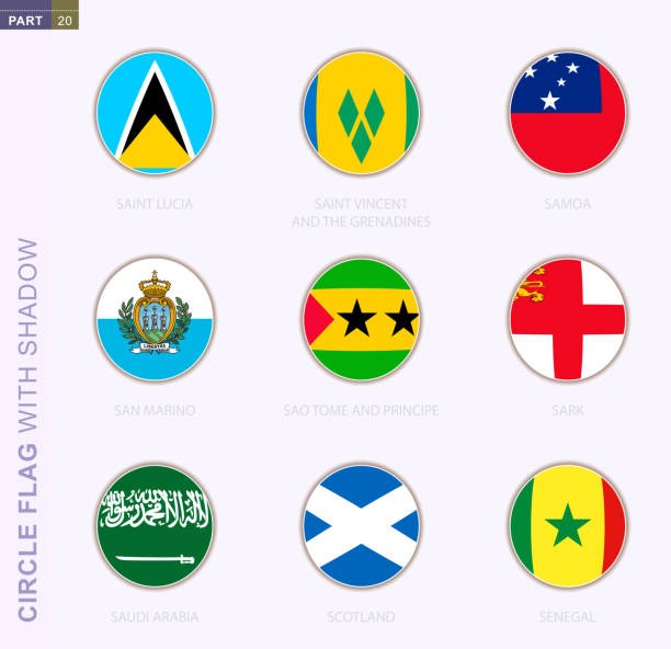 flaga okręgu z cieniem, kolekcja dziewięciu okrągłej flagi. wektorowe flagi 9 krajów. - england senegal stock illustrations