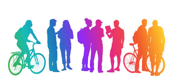 Student Transportation Rainbow A group of students socializing and commuting to campus. groups of teens stock illustrations