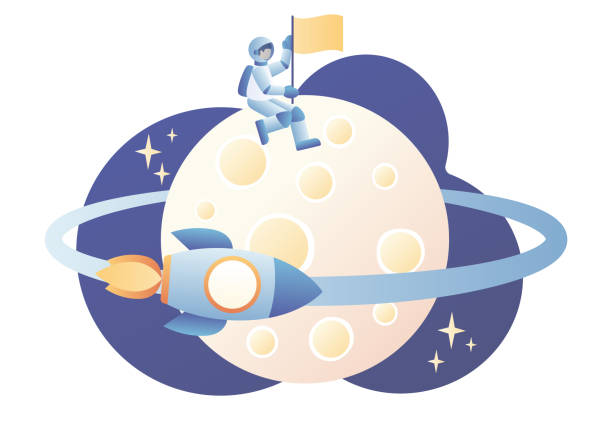 istock Lunar mission space exploration. Tiny astronauts in space. Spaceship travel to moon. Rocket flying around Moon orbit. Modern flat cartoon style. Vector illustration 1195563689