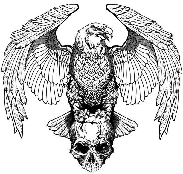 Vector illustration of Eagle and human skull. Black and white tattoo