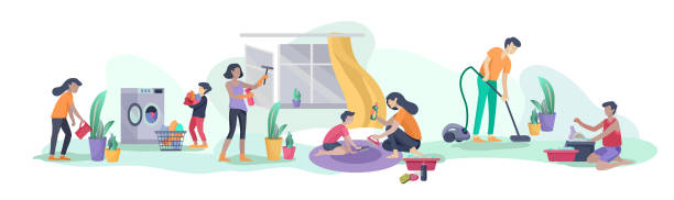 Scene with big family doing housework, kids helping parents with home cleaning, washing dishes, fold clothes, cleaning window, carpet and floor, wipe dust, water flower. Vector illustration cartoon Scene with big family doing housework, kids helping parents with home cleaning, washing dishes, fold clothes, cleaning window, carpet and floor, wipe dust, water flower. Vector illustration cartoon style chores stock illustrations