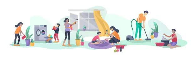 Vector illustration of Scene with big family doing housework, kids helping parents with home cleaning, washing dishes, fold clothes, cleaning window, carpet and floor, wipe dust, water flower. Vector illustration cartoon