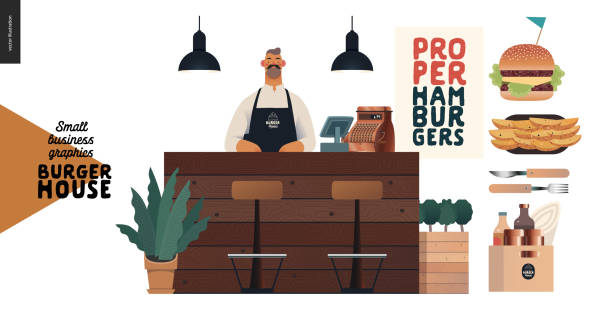 ilustrações de stock, clip art, desenhos animados e ícones de burger house - small business graphics - waiter and food - business owner